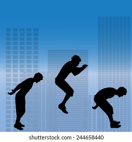 Vector silhouette of a man who does parkour in city.