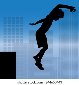 Vector silhouette of a man who does parkour in city.