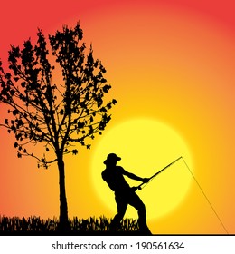 Vector silhouette of a man who fishes at sunset.