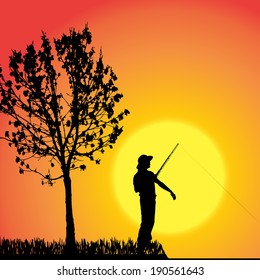 Vector silhouette of a man who fishes at sunset.