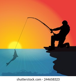 Vector silhouette of a man who fishes at sunset.