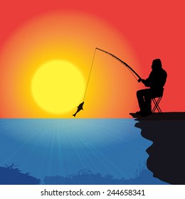Vector silhouette of a man who fishes at sunset.