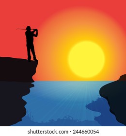 Vector silhouette of a man who fishes at sunset.