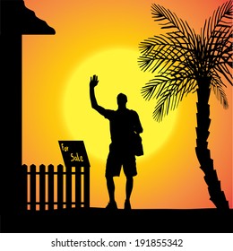 Vector silhouette of man who are in front of house.