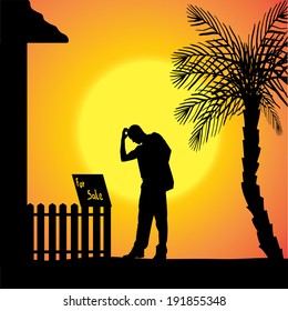 Vector silhouette of man who are in front of house.