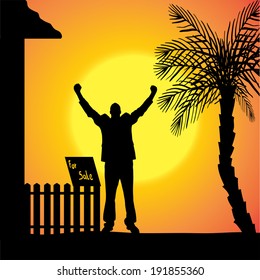 Vector silhouette of man who are in front of house.