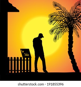 Vector silhouette of man who are in front of house.