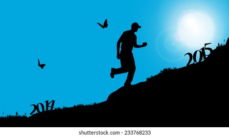 Vector silhouette of a man who goes into the new year.