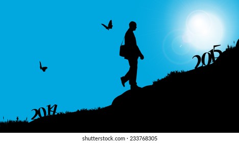 Vector silhouette of a man who goes into the new year.
