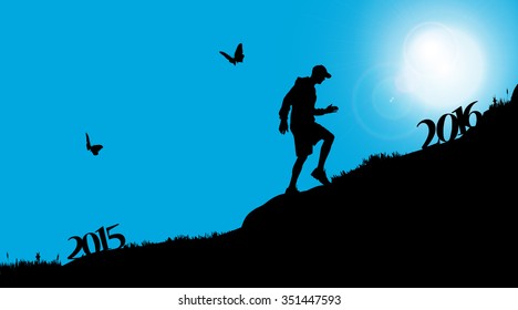 Vector silhouette of a man who goes for the new year.