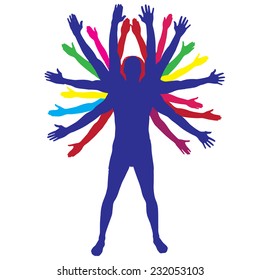 Vector silhouette of a man who has a lot of hands.