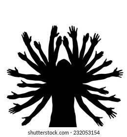 Vector silhouette of a man who has a lot of hands.