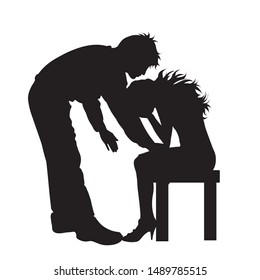 Vector silhouette of man who helping woman on white background. Symbol of care, protect, humanity, love.