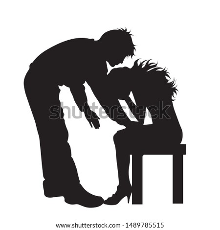 Vector silhouette of man who helping woman on white background. Symbol of care, protect, humanity, love.