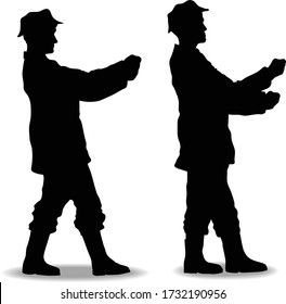 Vector silhouette of a man who is holding or pulling something. Outline icon of fisherman.