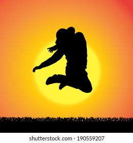 Vector silhouette of man who jump at sunset.