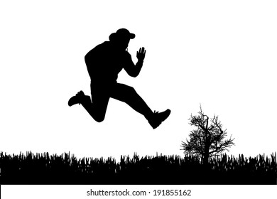 Vector silhouette of man who jump on a white background.