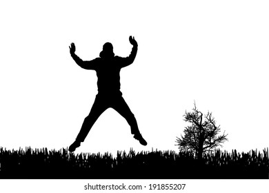 Vector silhouette of man who jump on a white background.