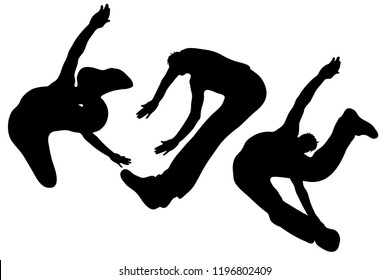 Vector silhouette of man who jumps on white background.