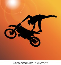 Vector silhouette of a man who jumps on a motorbike.
