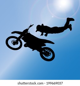 Vector silhouette of a man who jumps on a motorbike.