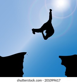 Vector silhouette of a man who jumps over rocks.