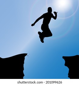 Vector silhouette of a man who jumps over rocks.