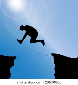 Vector silhouette of a man who jumps over rocks.