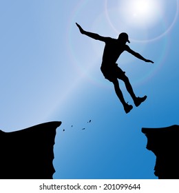 Vector silhouette of a man who jumps over rocks.