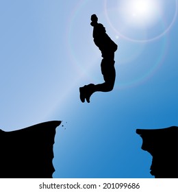 Vector silhouette of a man who jumps over rocks.