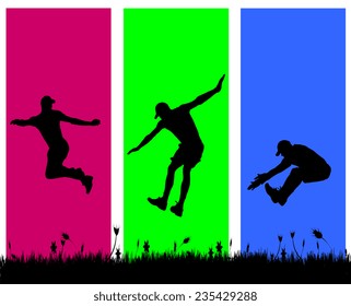 Vector silhouette of a man who jumps on a colored background.