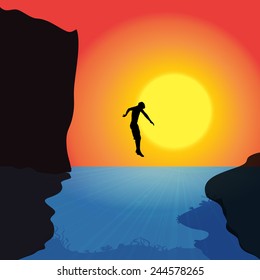 Vector silhouette of a man who jumps into the water.