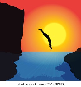 Vector silhouette of a man who jumps into the water.