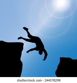 Vector silhouette of a man who jumps from rock to rock.