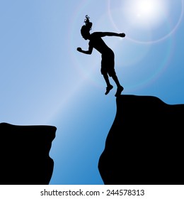 Vector silhouette of a man who jumps from rock to rock.