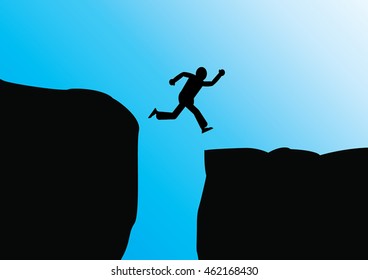 Vector silhouette of a man who jumps over rocks.