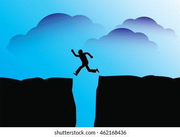 Vector silhouette of a man who jumps over rocks.