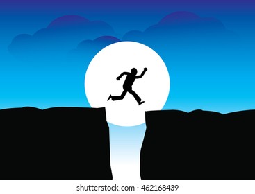 Vector silhouette of a man who jumps over rocks.