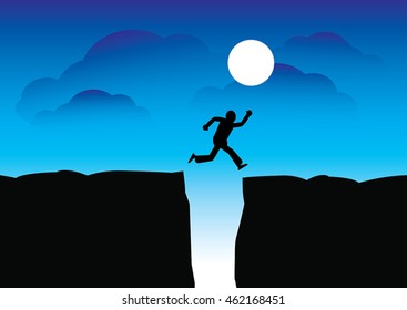 Vector silhouette of a man who jumps over rocks.