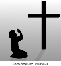 Vector silhouette of a man who kneels in front of a cross.