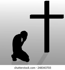 Vector silhouette of a man who kneels in front of a cross.