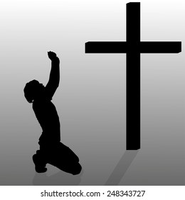 Vector silhouette of a man who kneels in front of a cross.