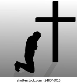 Vector silhouette of a man who kneels in front of a cross.