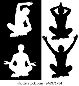 Vector silhouette of a man who meditates on white and black background.