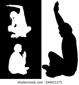 Vector silhouette of a man who meditates on white and black background.