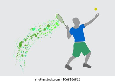 Vector silhouette of man who play tennis on white background.