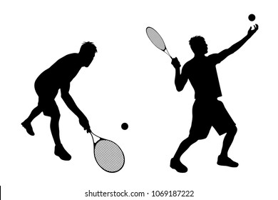 Vector silhouette of man who play tennis on white background.