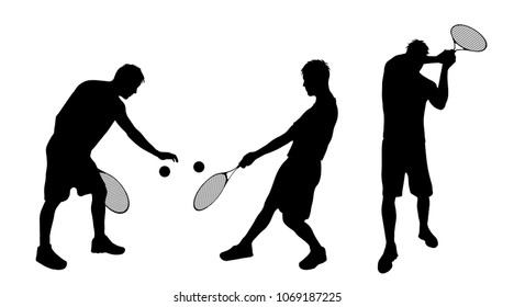 Vector silhouette of man who play tennis on white background.