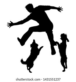 Vector silhouette of man who play with dogs on white background. Symbol of friends and funny activities.