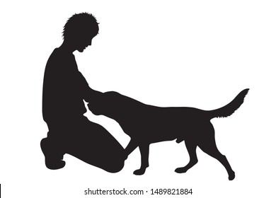 Vector silhouette of man who play with dogs on white background. Symbol of friends and funny activities.